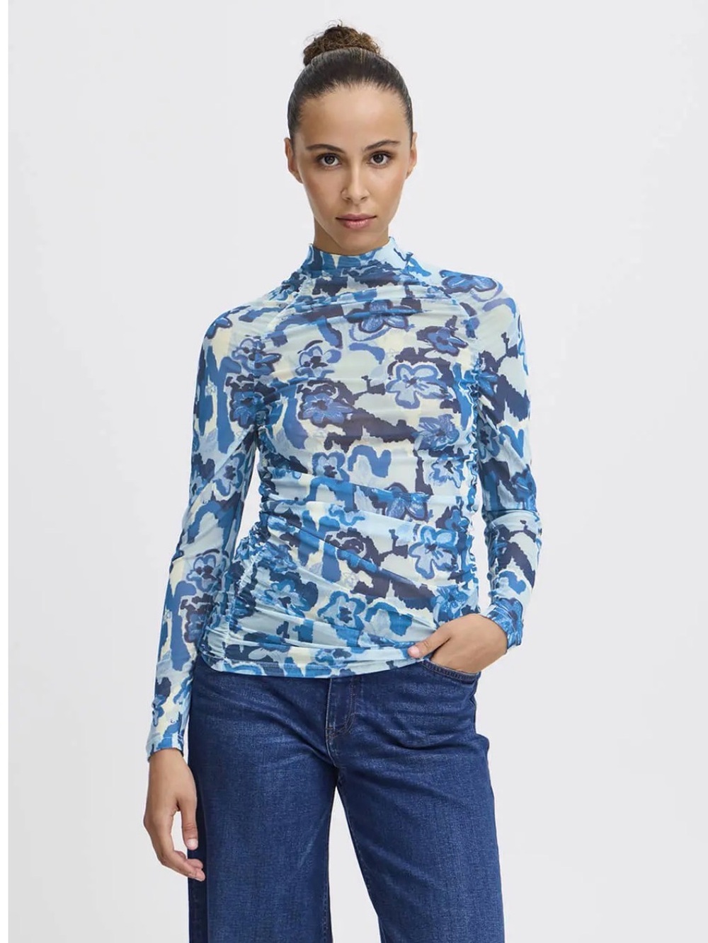 ICHI Blue Floral Print Women's Top
